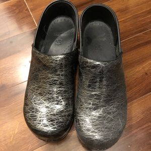 Dansko Black and Silver Scribble Clogs